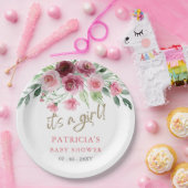 その女の子ピンクモダンのバーガンディフローラ赤ちゃんシャワー ペーパープレート (パーティー)