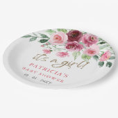 その女の子ピンクモダンのバーガンディフローラ赤ちゃんシャワー ペーパープレート (アングル)