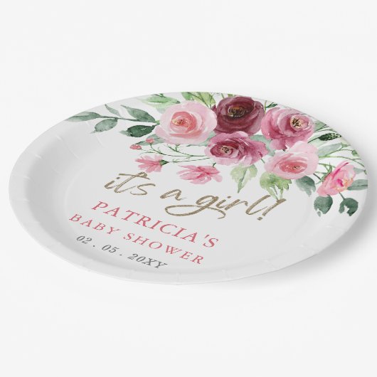 その女の子ピンクモダンのバーガンディフローラ赤ちゃんシャワー ペーパープレート (アングル)