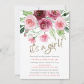 その女の子ピンクモダンのバーガンディフローラ赤ちゃんシャワー 招待状 (正面)