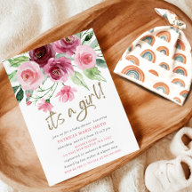 その女の子ピンクモダンのバーガンディフローラ赤ちゃんシャワー