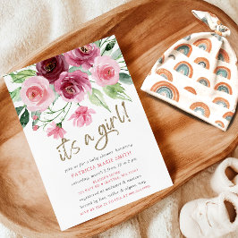 その女の子ピンクモダンのバーガンディフローラ赤ちゃんシャワー 招待状