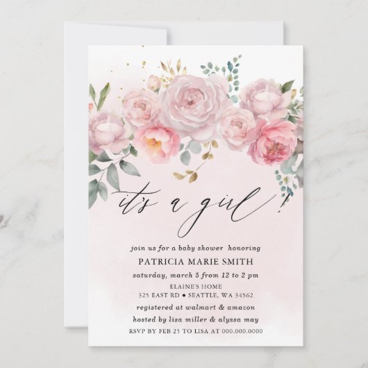 その女の子ピンクモダン赤面フローラ赤ちゃんシャワー 招待状 (正面)