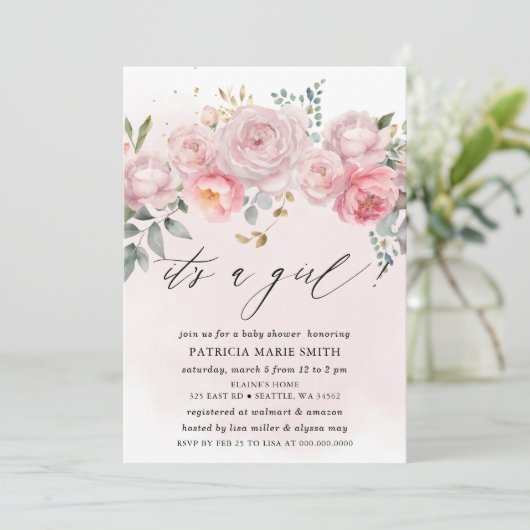 その女の子ピンクモダン赤面フローラ赤ちゃんシャワー 招待状 (スタンド正面)
