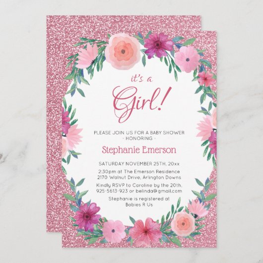 その女の子フローラバラ金ゴールドグリッターベビーシャワー 招待状 (正面/裏面)