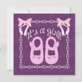 その女の子ボウシューズパープルベビーシャワー招待状 招待状 (正面)
