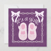 その女の子ボウシューズパープルベビーシャワー招待状 招待状 (正面)