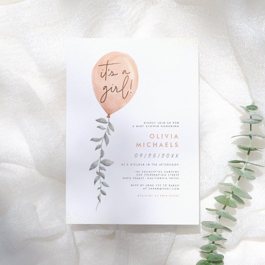 その女の子ユーカリ緑のバルーン赤ちゃんシャワー 招待状