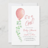 その女の子ユーカリ緑のバルーン赤ちゃんシャワー 招待状 (正面)