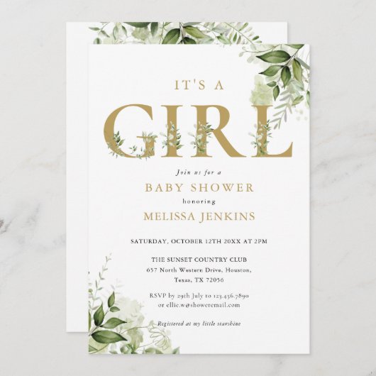 その女の子植物学金ゴールド手紙ベビーシャワー 招待状 (正面/裏面)