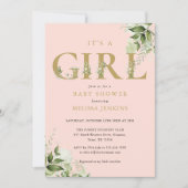 その女の子植物性赤面ピンクの金ゴールド赤ちゃんシャワー 招待状 (正面)