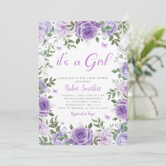 その女の子紫色の水色のフローラ赤ちゃんシャワー 招待状 (スタンド正面)