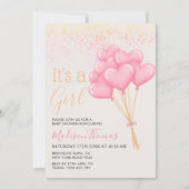 その女の子赤面ピンクハートバルーン赤ちゃんシャワー 招待状 (正面)