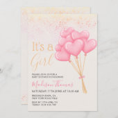 その女の子赤面ピンクハートバルーン赤ちゃんシャワー 招待状 (正面/裏面)