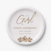 その女の子金ゴールド白フローラ赤ちゃんシャワー ペーパープレート (正面)