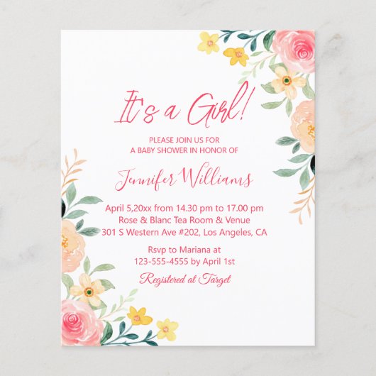 その女の子,ピンクのフローラの赤ちゃんシャワーの招待 チラシ (正面)