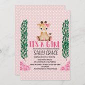 その女の子，ピンク，キリン，ベビーシャワー 招待状 (正面/裏面)