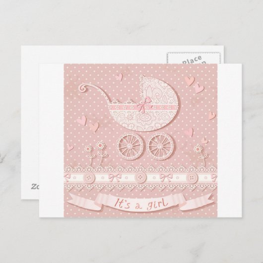 その女の子、新しい生まれ赤ん坊の女の子の発表、誕生 案内ポストカード (正面/裏面)