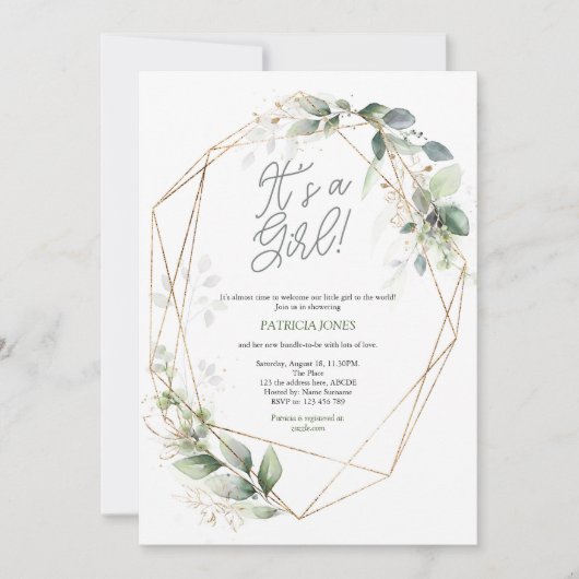 その女の子,水彩,緑,赤ちゃんシャワー 招待状 (正面)