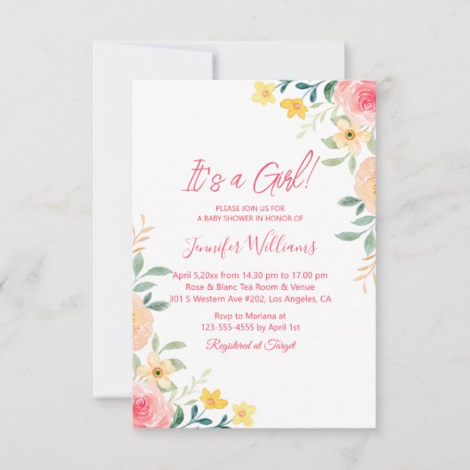その女の子、水色ピンクのフローラ赤ちゃんシャワー 招待状 (正面)