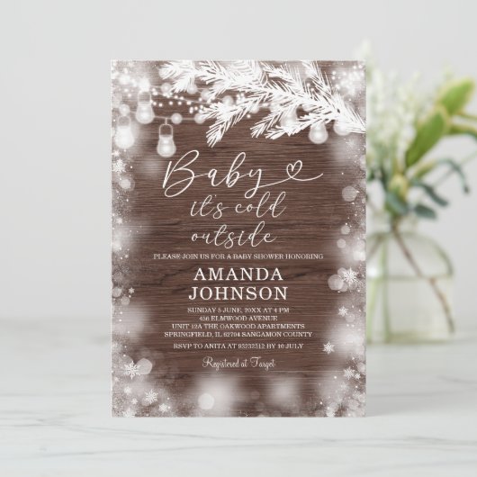 その寒い外のスノーフレーク冬の木の赤ちゃんシャワー 招待状 (スタンド正面)