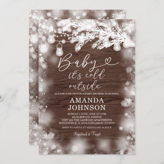 その寒い外のスノーフレーク冬の木の赤ちゃんシャワー 招待状 (正面/裏面)