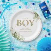 その少年の緑の葉の金ゴールド手紙の赤ちゃんシャワー ペーパープレート (パーティー)