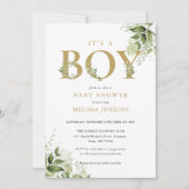 その少年の緑の葉の金ゴールド手紙の赤ちゃんシャワー 招待状 (正面)