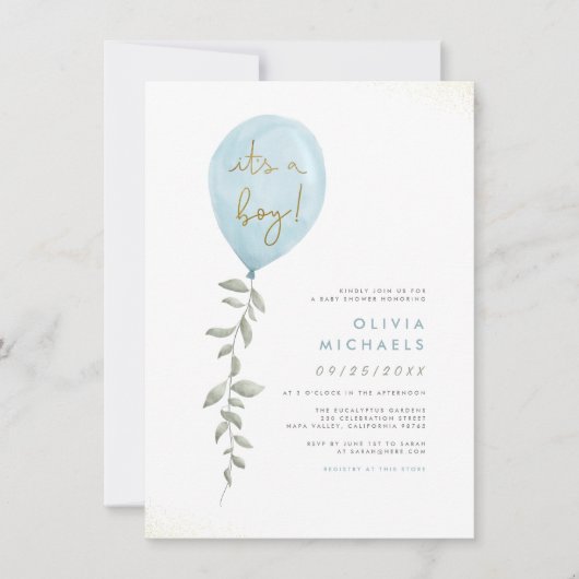 その少年ユーカリ緑の気球の赤ちゃんシャワー 招待状 (正面)