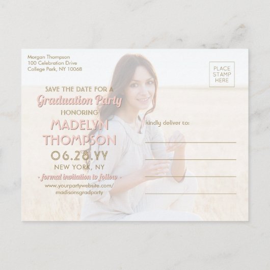 その後&今の写真の卒業は日付を保存ピンク 案内ポストカード (裏面)