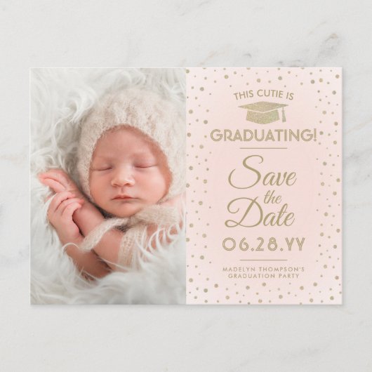 その後&今の写真の卒業は日付を保存ピンク 案内ポストカード (正面)