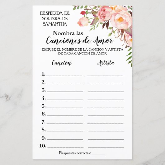 その曲に名前を付けるブライダルシャワー英語ゲスペインのーム (裏面)