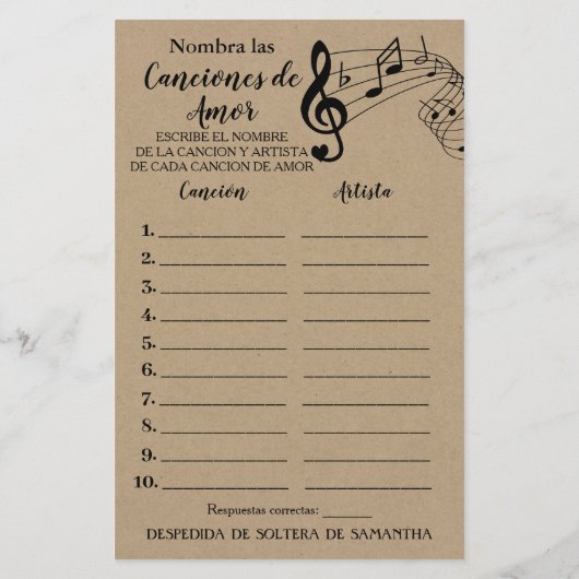 その曲に名前を付けるブライダルシャワー英語ゲスペインのーム (裏面)