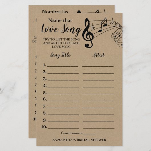 その曲に名前を付けるブライダルシャワー英語ゲスペインのーム (正面/裏面)