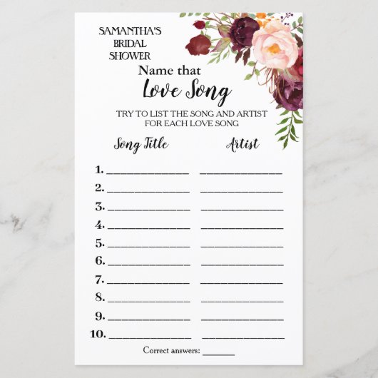 その曲に名前を付けるブライダルシャワー英語ゲスペインのーム (正面)