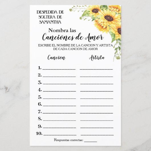 その曲に名前を付けるブライダルシャワー英語ゲスペインのーム (裏面)