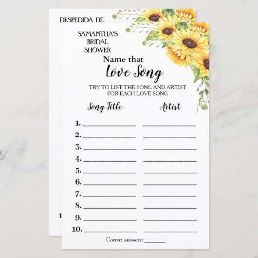 その曲に名前を付けるブライダルシャワー英語ゲスペインのーム (正面/裏面)