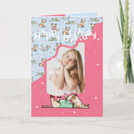 その犬ライフブルーピンク誕生日写真 カード