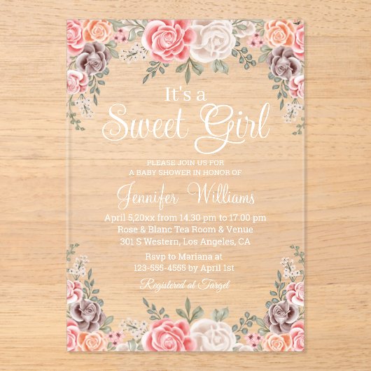 その甘い女の子のシャワーbohoフローラ植物学 アクリル招待状 (正面)