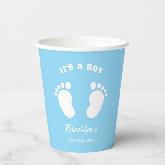 その男の子のおもしろいトレンディー赤ちゃんシャワーブルーホワイト足 紙コップ (正面)