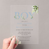 その男の子のほこりっぽい青い緑の手紙の赤ちゃんシャワー アクリル招待状 (インサイチュ (ポータブル))