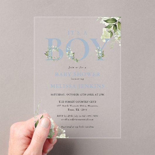 その男の子のほこりっぽい青い緑の手紙の赤ちゃんシャワー アクリル招待状 (インサイチュ (ポータブル))