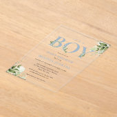 その男の子のほこりっぽい青い緑の手紙の赤ちゃんシャワー アクリル招待状 (レイダウン)