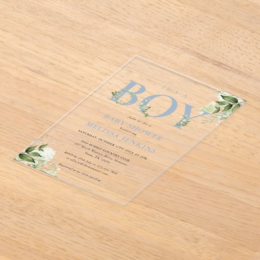 その男の子のほこりっぽい青い緑の手紙の赤ちゃんシャワー アクリル招待状 (レイダウン)