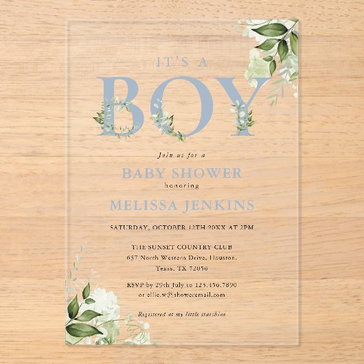 その男の子のほこりっぽい青い緑の手紙の赤ちゃんシャワー アクリル招待状 (正面)
