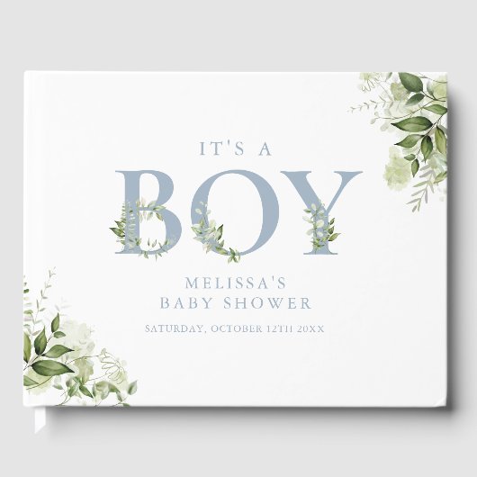 その男の子のほこりっぽい青い緑の手紙の赤ちゃんシャワー ゲストブック (正面)