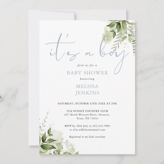その男の子のほこりっぽい青い緑の赤ちゃんシャワー 招待状 (正面)