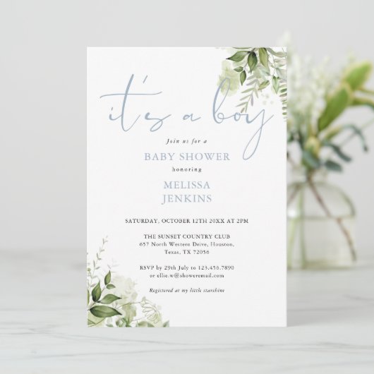 その男の子のほこりっぽい青い緑の赤ちゃんシャワー 招待状 (スタンド正面)