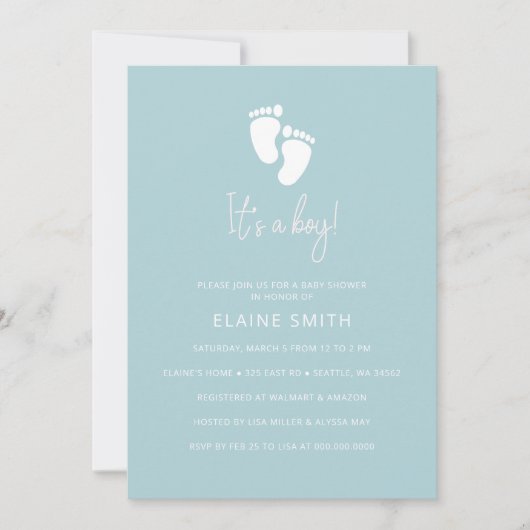 その男の子のベビーフットプリントかわいい青い男の子の赤ちゃんシャワー 招待状 (正面)