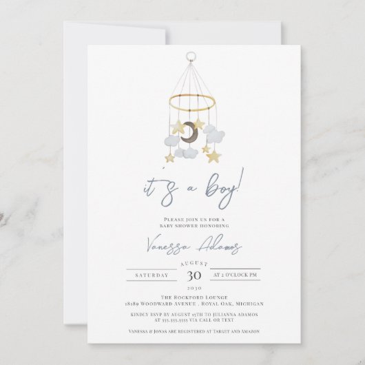 その男の子の月と星のベビー子供部屋シャワー 招待状 (正面)